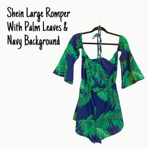EUC Shein Large Romper With Palm Leaves 🌿 & Navy Background